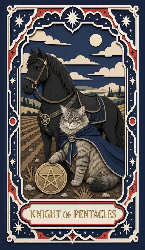 Cat as Knight of Pentacles — Midnight Papercut style