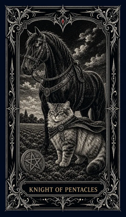 Cat as Knight of Pentacles — Noir Scratchboard style
