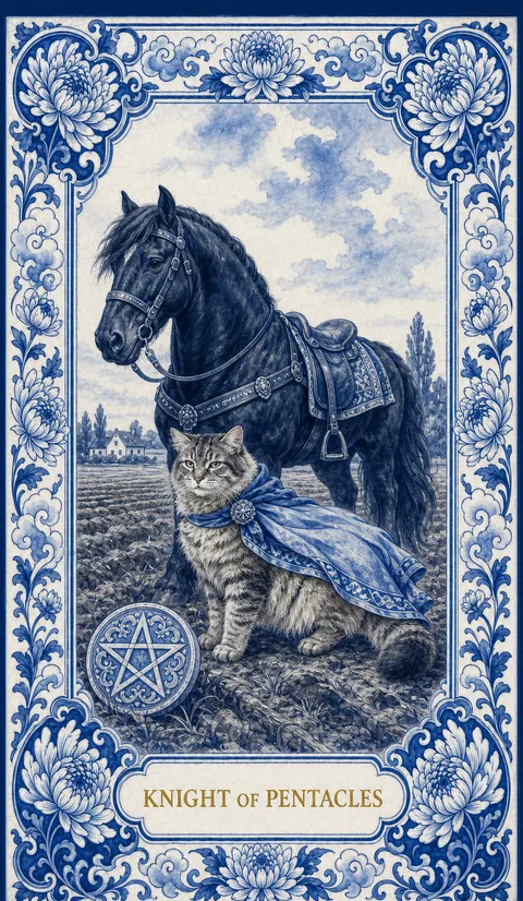 Cat as Knight of Pentacles — Blue Willow style